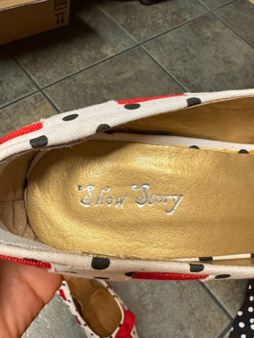 Pinup Polka Dot Peep-Toe Flats with Red Bow US 7.5 - Picture 5 of 14